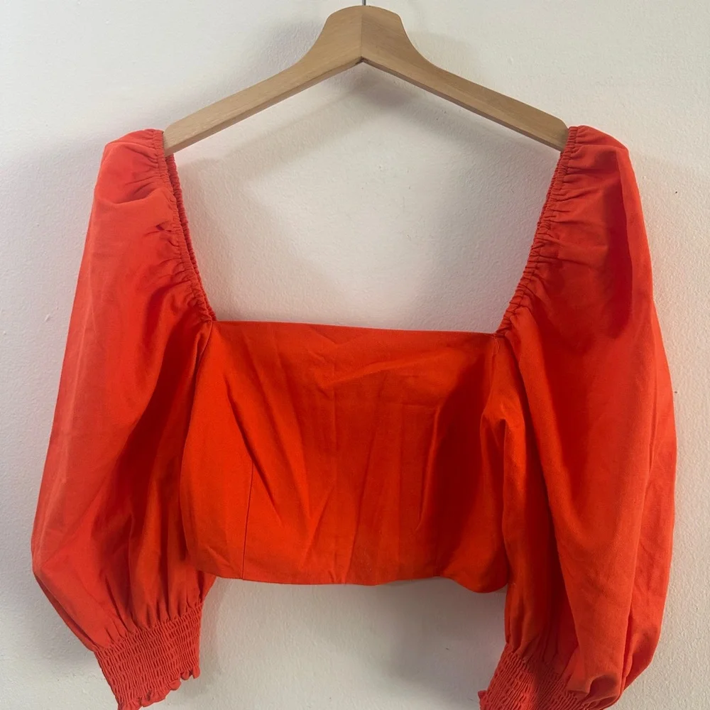 O.P.T. X ANTHROPOLOGIE Orange Square Neck Puff Sleeve Crop SIZE MEDIUM Brunch - Picture 2 of 5